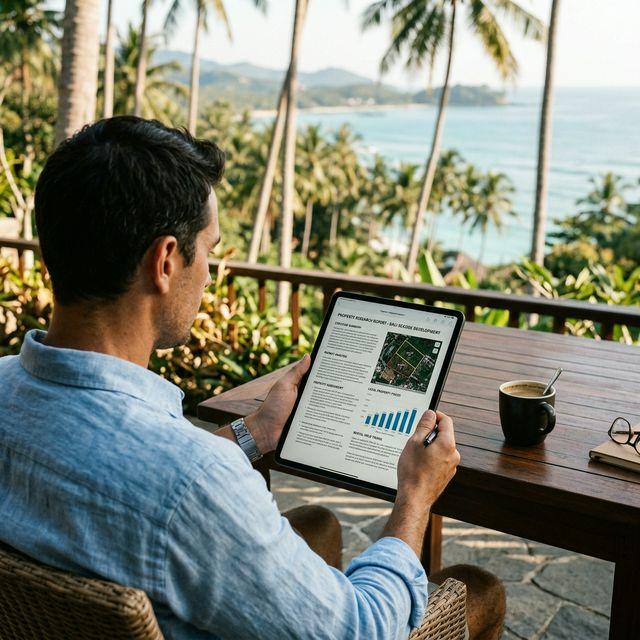 Person reviewing a professional property research report on a tablet, tropical view behind