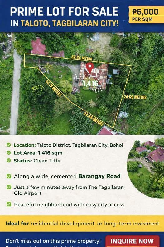 Prime 1,416 sqm Residential Lot in Taloto, Tagbilaran City - Clean Title